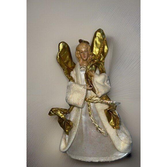 Vintage Gold Wing Angel Tree Topper White Velvet Gown Classic Christmas Angel - Picture 2 of 10